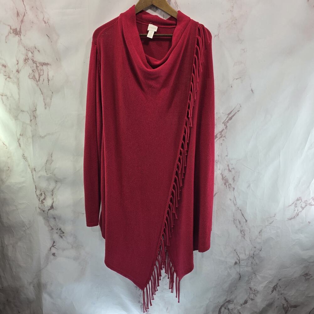 Chicos Sweater Womens 3 XL Red Wrap Cardigan Shawl Fringe Poncho Topper Long
